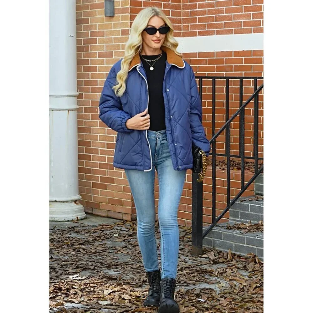 Women's Winter Quilted Puffer Jacket Long Sleeve Zip Button Coat